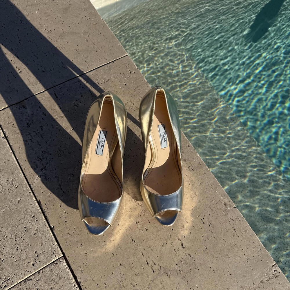Prada Metallic Gold Peep Toe Heels 7.5